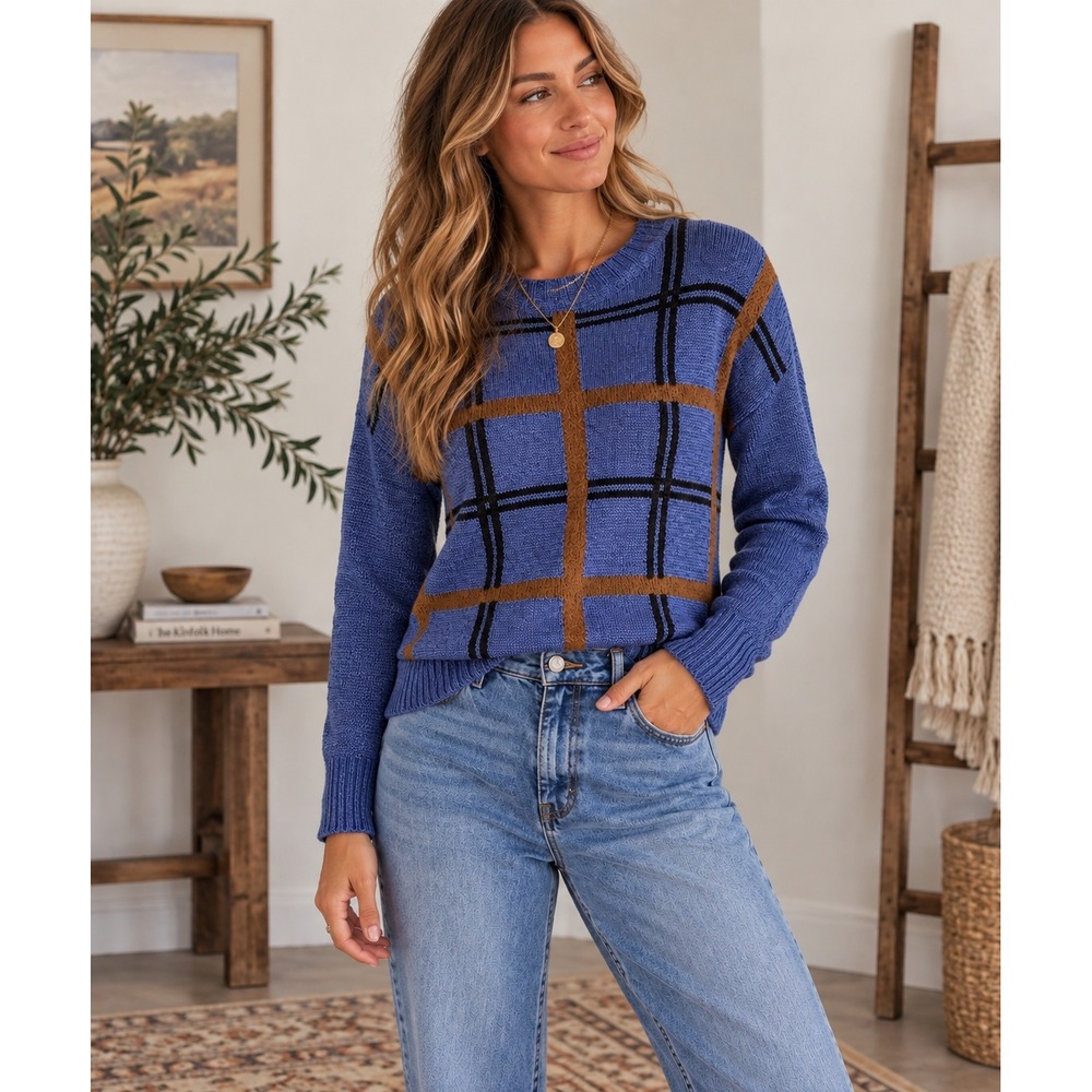 Nine West Blue Plaid Windowpane Crew Neck Knit Sweater Brown Black Accents